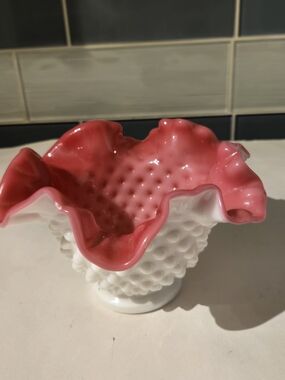 Fenton Ruffled Hobnail Milk Glass Bowl with Cranberry Interior